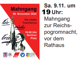 Mahngang zur Reichspogromnacht, 9.11.2024, 19 Uhr in Gießen, vor dem Rathaus