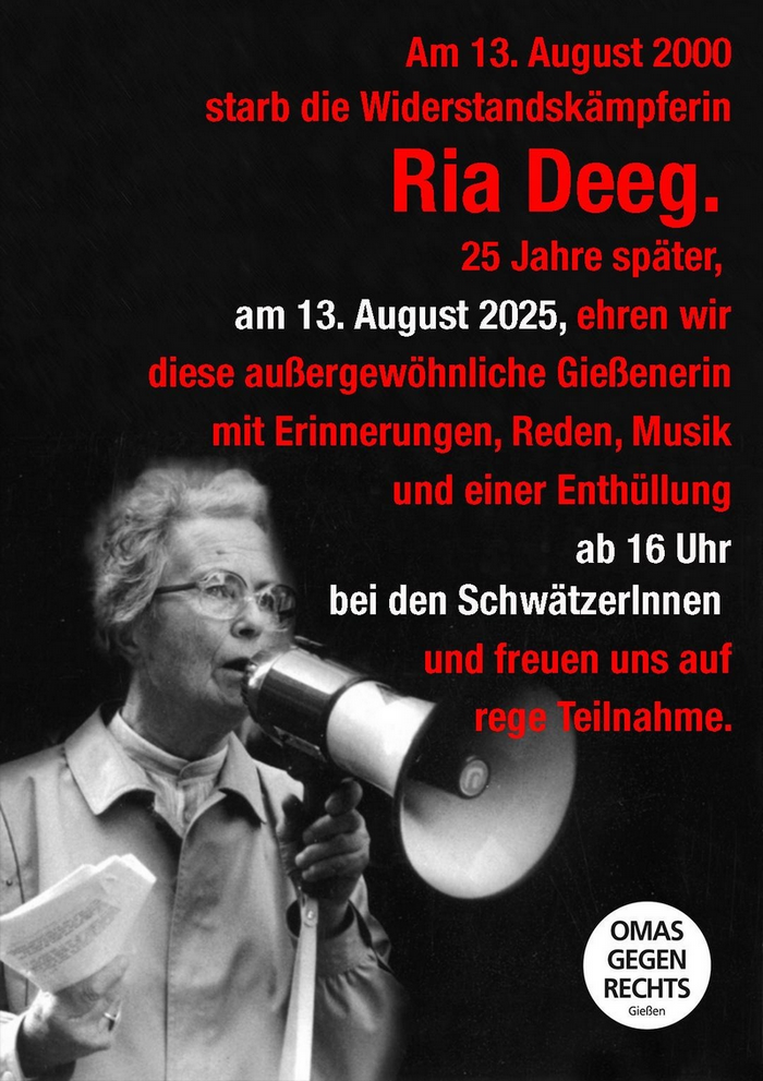 Ria Deeg, Kommunistin und Widerstandskämpferin in Gießen, 25. Todestag, Kundgebung in Gießen