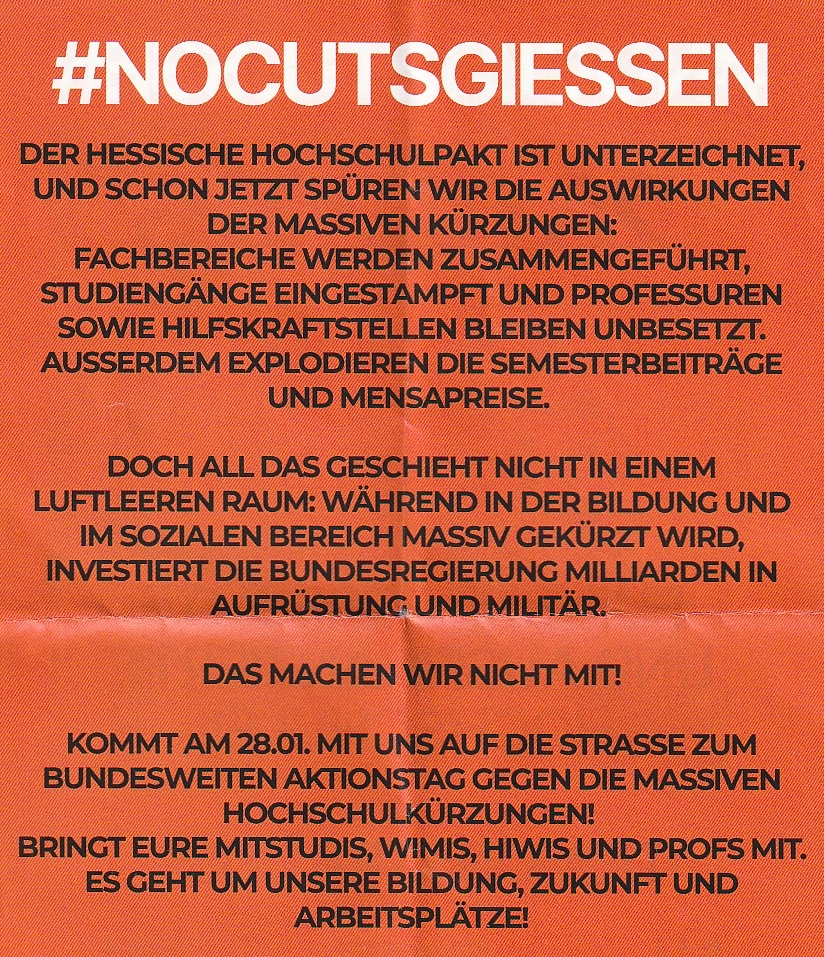 Hochschul-Aktionstag, 28.1.2026 in Gießen gegen Etatkürzungen JLU - 11.45 Uhr, OBS-Mensa -- THM - 12.45, D-Campus