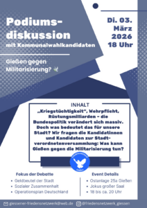 Friedensnetzwerk Gießen Podiumsdiskussion zur Kommunalwahl 2026 mit GSF-Beteiligung