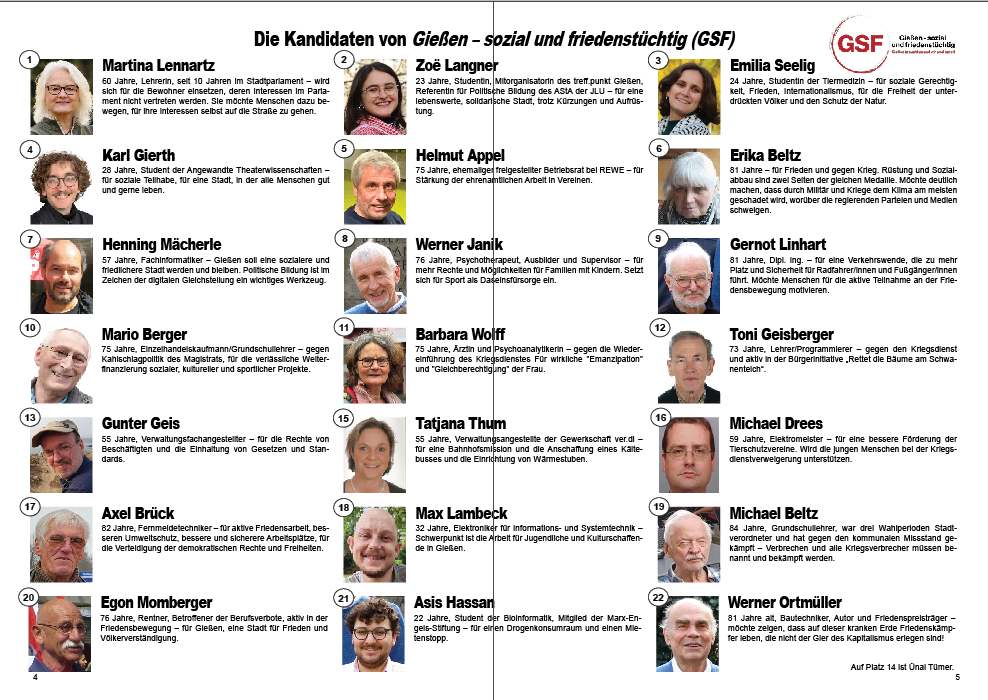 Kommunalwahl 2026 in Gießen Kandidatinnen und Kandidaten von GSF -Gießen sozial und friedenstüchtig- im Überblick