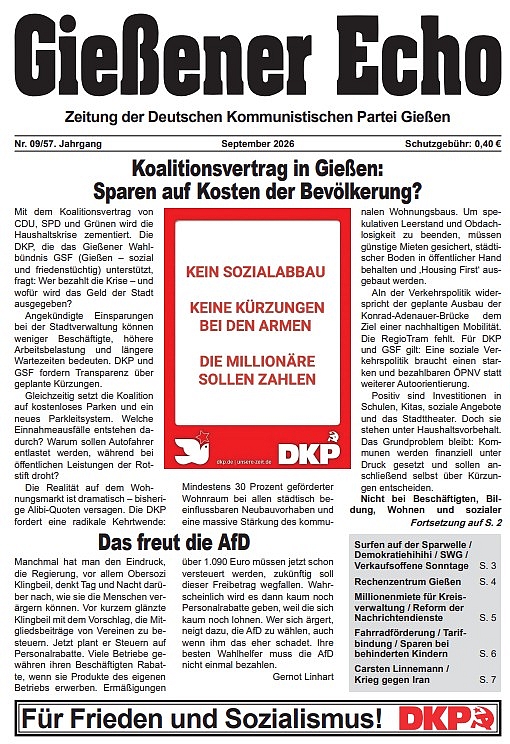 Gießener Echo - Monatszeitung der DKP Gießen - September 2026 - Seite 1