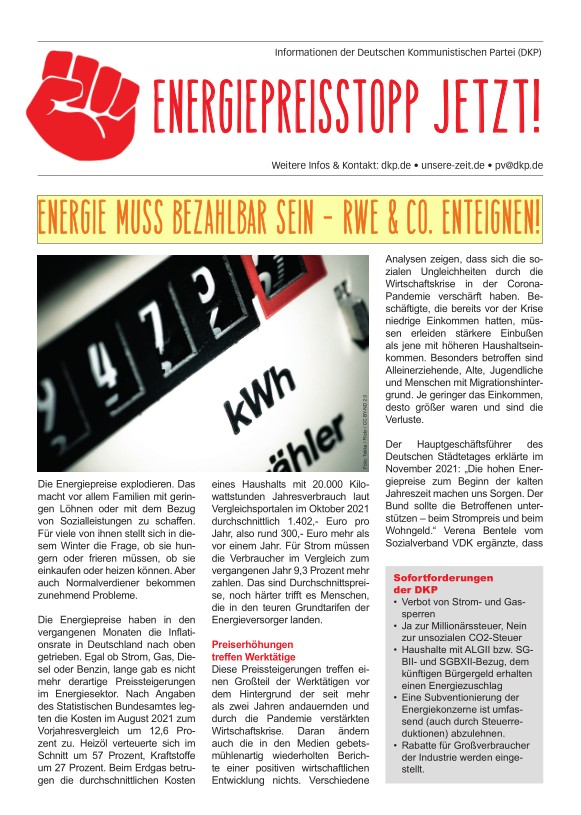 DKP-Information Energiepreisstopp jetzt! Energie muss bezahlbar sein – RWE & Co. enteignen! (PDF, 1.48 MB)